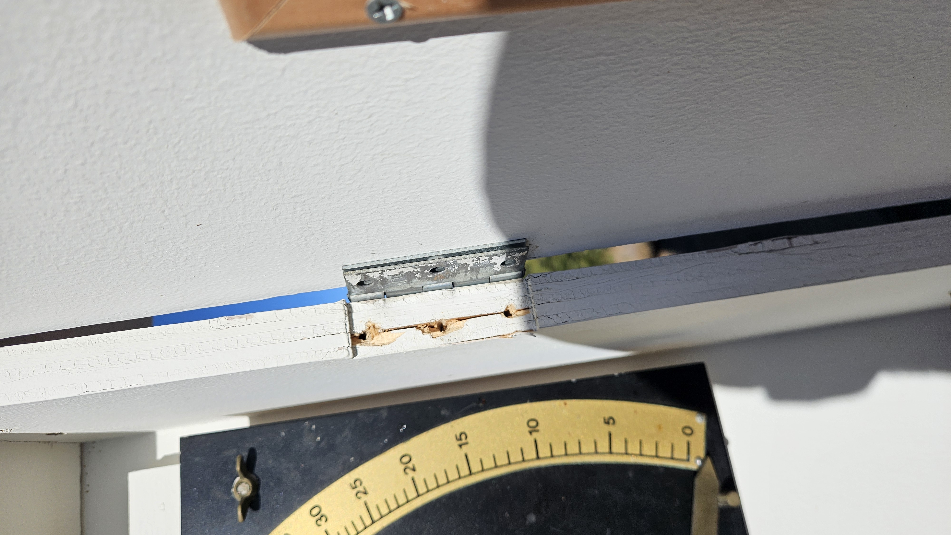 The split cabinet hinge, torn out of the wood