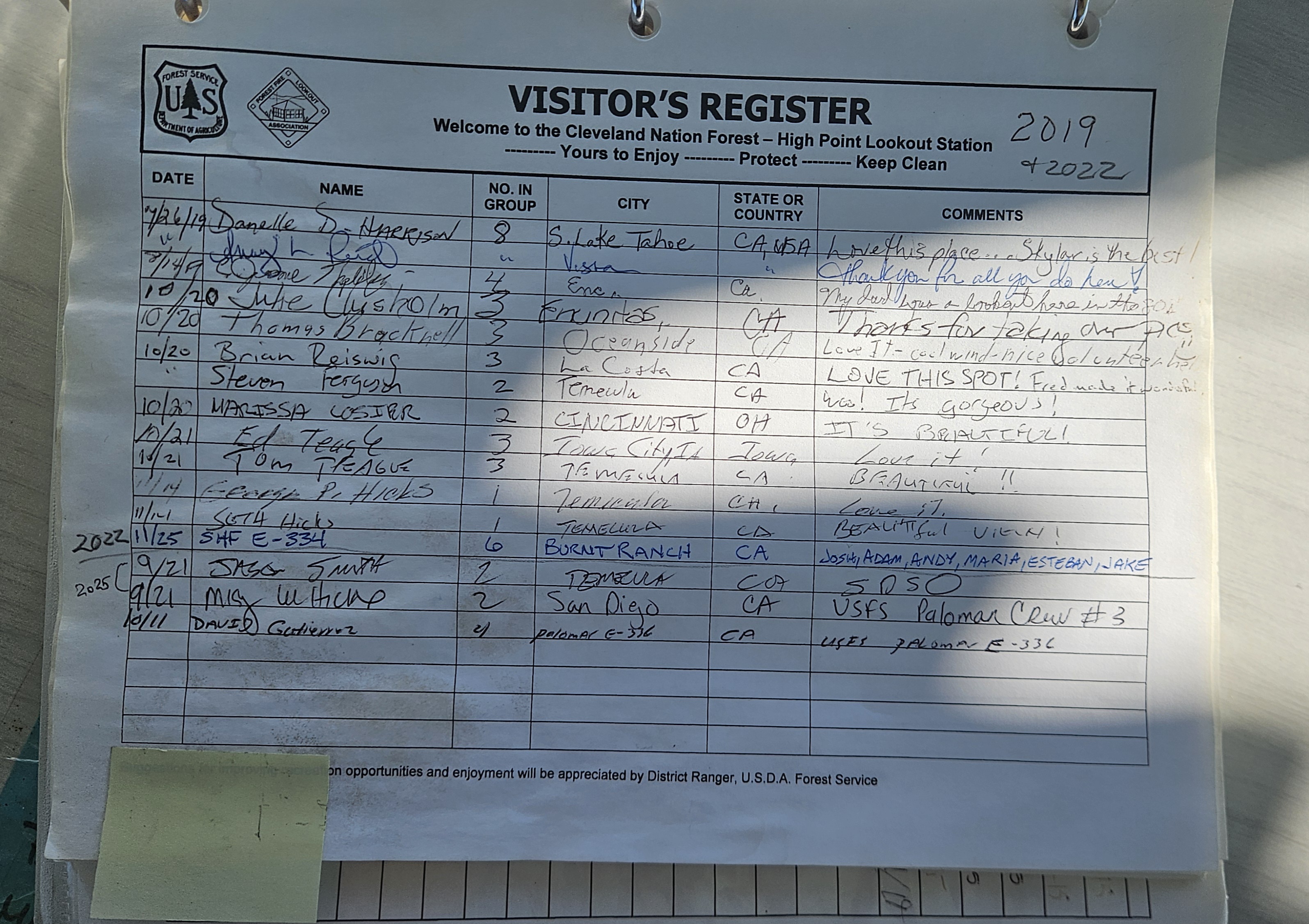 The High Point cab visitor register, open to the day's entries