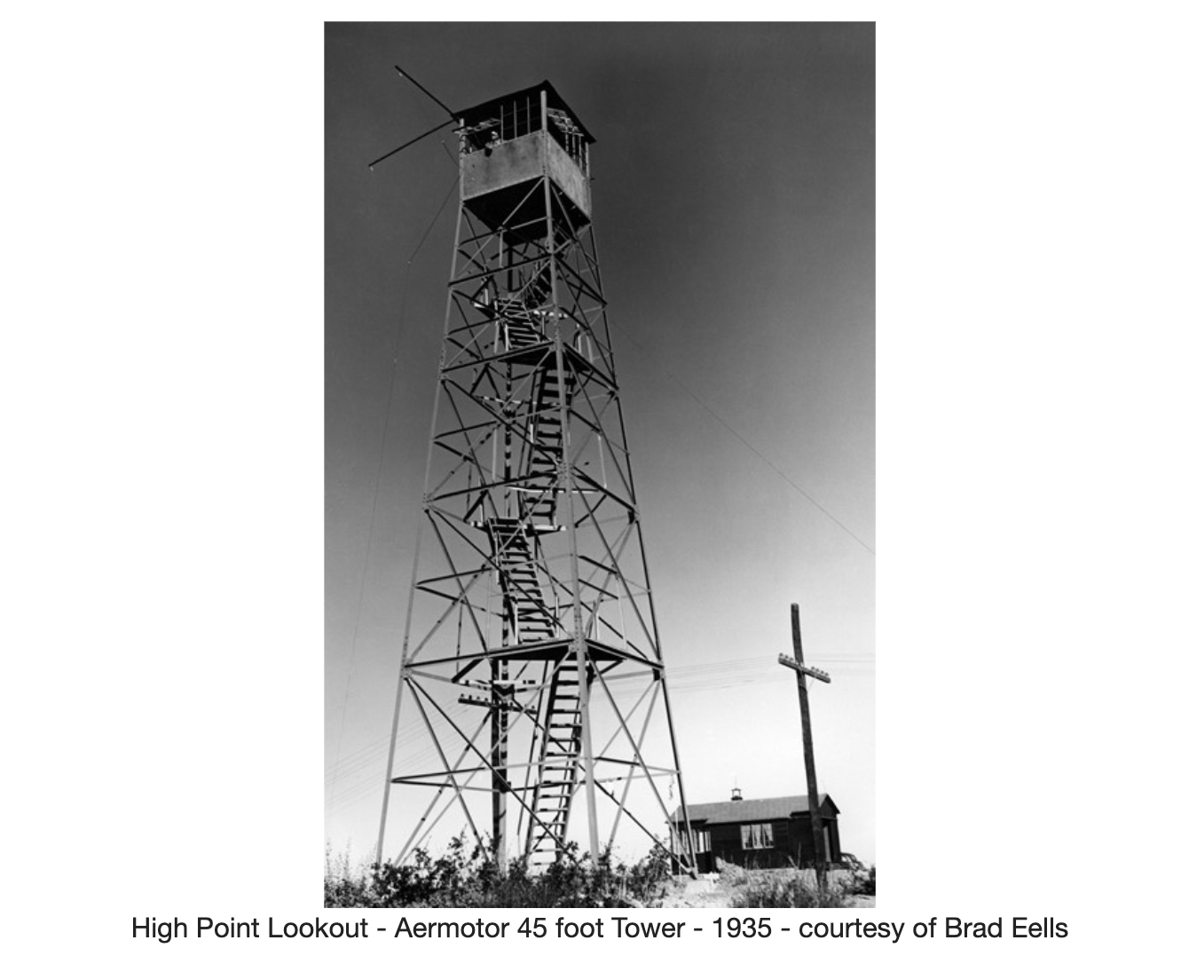 Black-and-white photo of High Point's original 1935 Aermotor steel lookout tower
